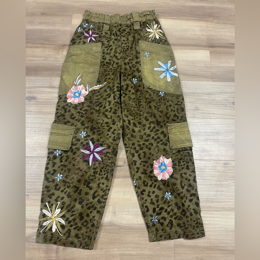Free People Wild Thing Leopard Floral Embroidered Pants Boho Cargo Tapered SMALL